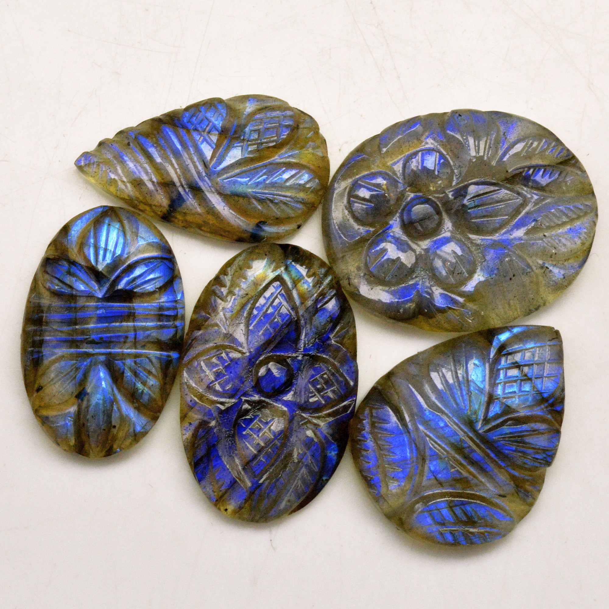 5 Pcs 74 Cts Natural Labradorite Carved Cabochon Blue Flashy Labradorite Carving Gemstone Mix Shape Loose Gemstone Flat Back Labradorite 26x21 22x12mm 13643