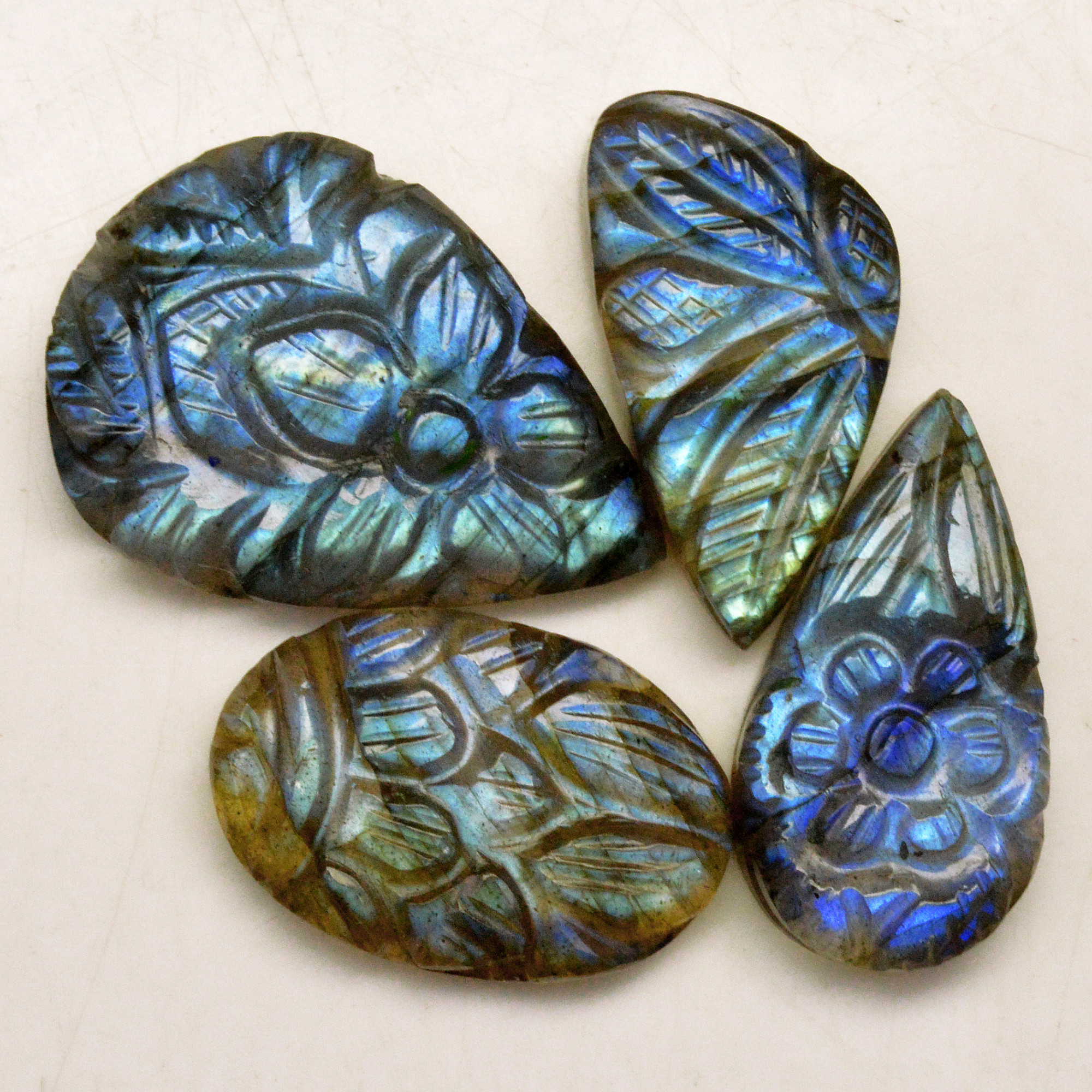 4 Pcs 59 Cts Natural Labradorite Carved Cabochon Blue Flashy Labradorite Carving Gemstone Mix Shape Loose Gemstone Flat Back Labradorite 29x20 19x13mm 13644