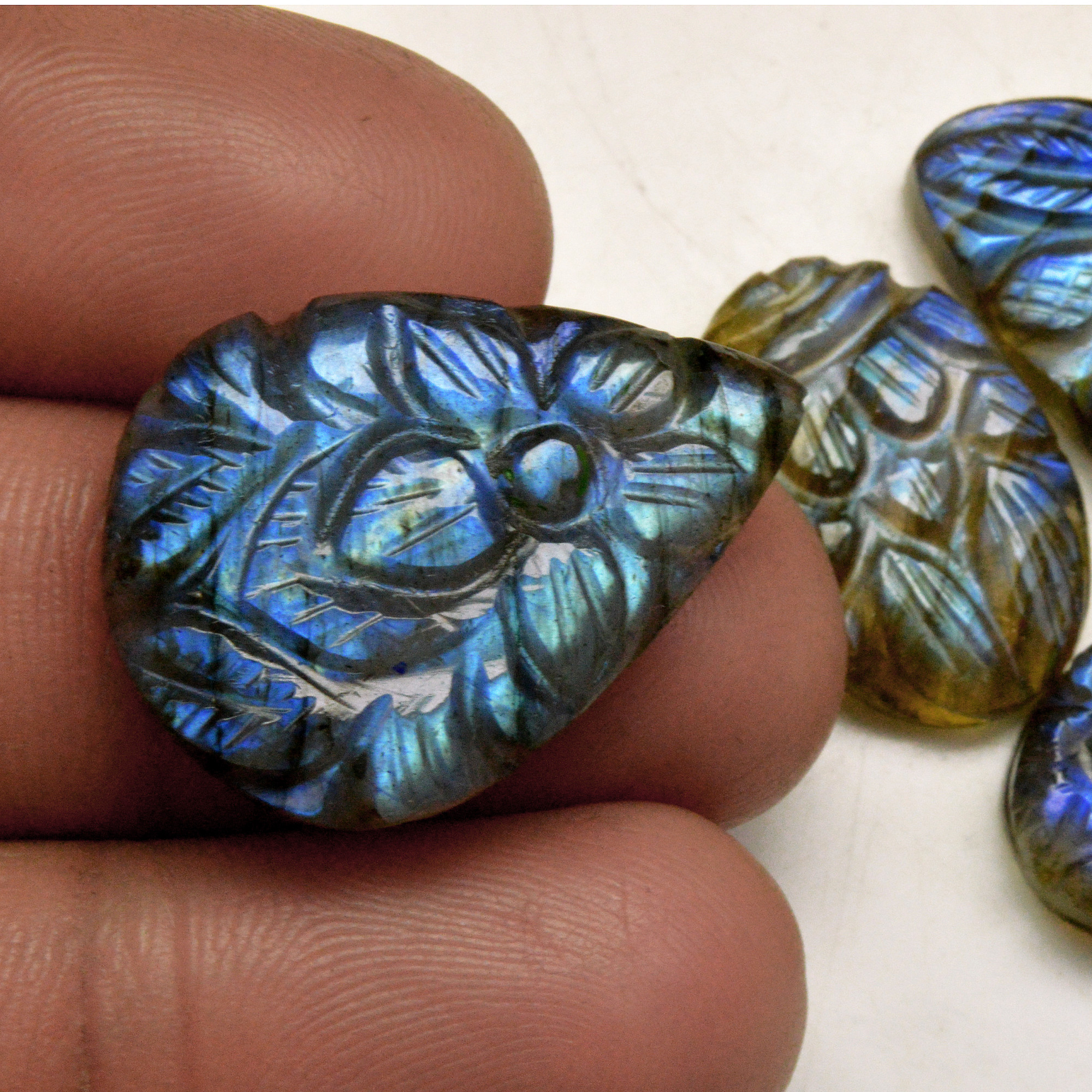 4 Pcs 59 Cts Natural Labradorite Carved Cabochon Blue Flashy Labradorite Carving Gemstone Mix Shape Loose Gemstone Flat Back Labradorite 29x20 19x13mm 13644