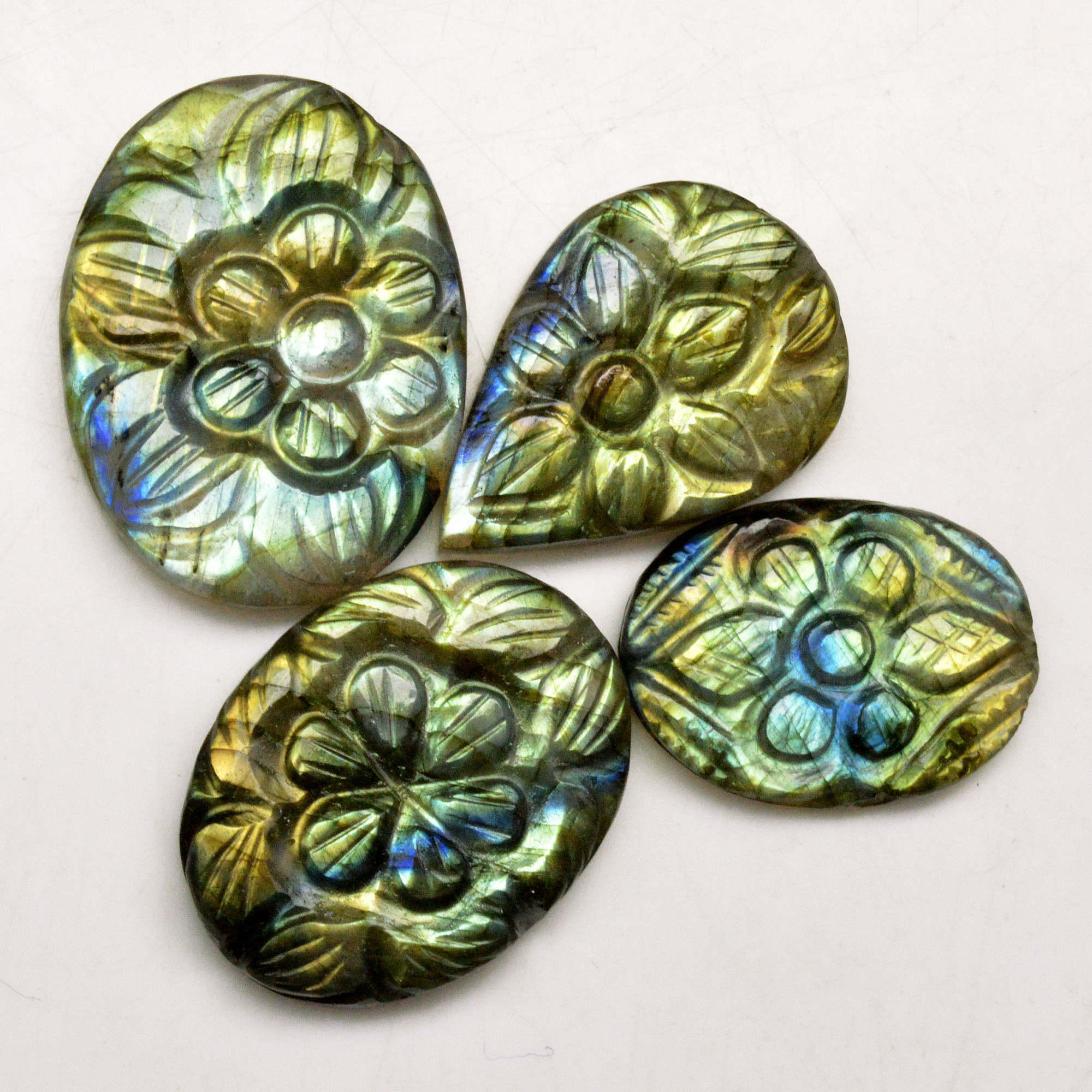 4 Pcs 108 Cts Natural Labradorite Carved Cabochon Blue Flashy Labradorite Carving Gemstone Mix Shape Loose Gemstone Flat Back Labradorite 31x22 24x19mm 13645