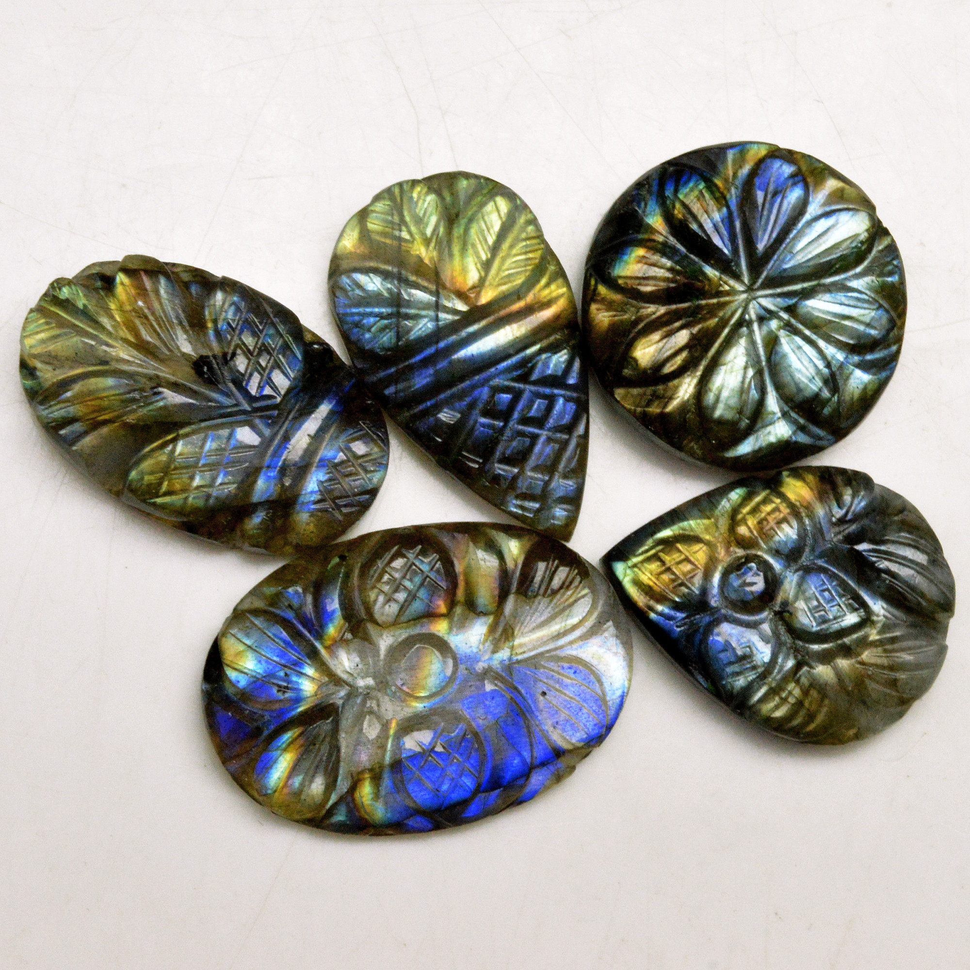 5 Pcs 78 Cts Natural Labradorite Carved Cabochon Blue Flashy Labradorite Carving Gemstone Mix Shape Loose Gemstone Flat Back Labradorite 26x18 21x15mm 13646