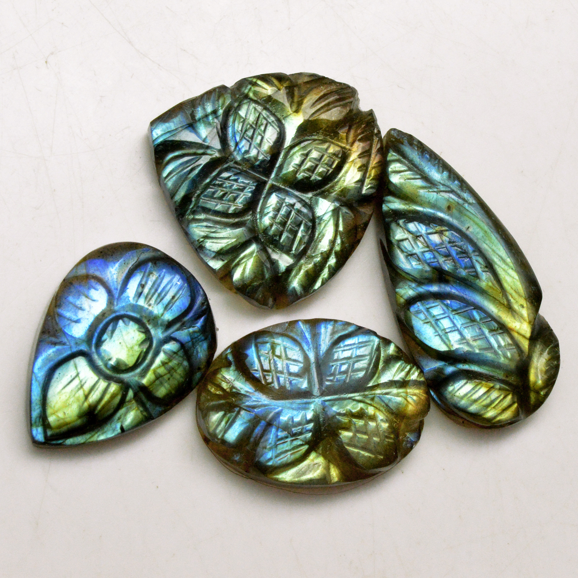 4 Pcs 63 Cts Natural Labradorite Carved Cabochon Blue Flashy Labradorite Carving Gemstone Mix Shape Loose Gemstone Flat Back Labradorite 30x10 20x13mm 13647