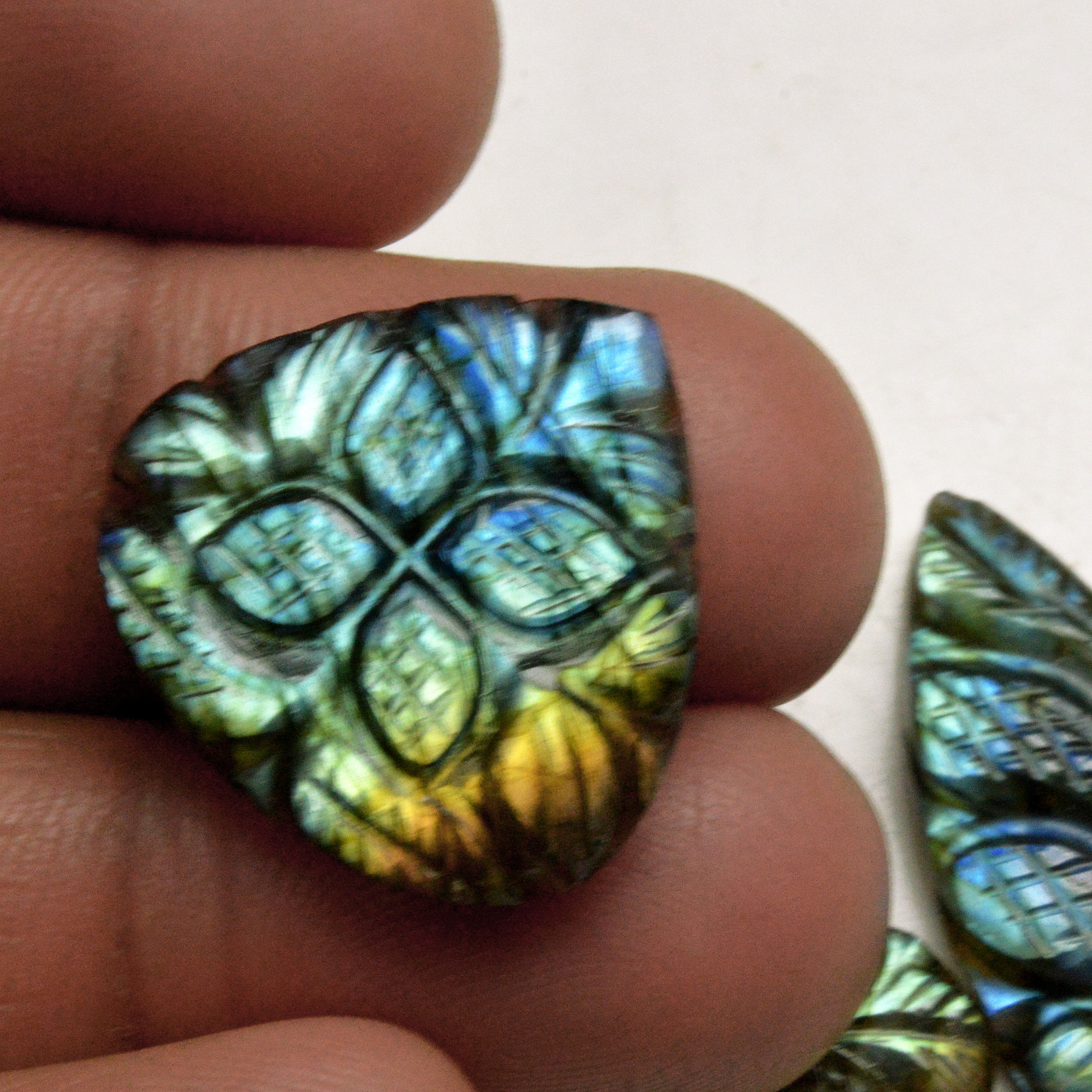 4 Pcs 63 Cts Natural Labradorite Carved Cabochon Blue Flashy Labradorite Carving Gemstone Mix Shape Loose Gemstone Flat Back Labradorite 30x10 20x13mm 13647