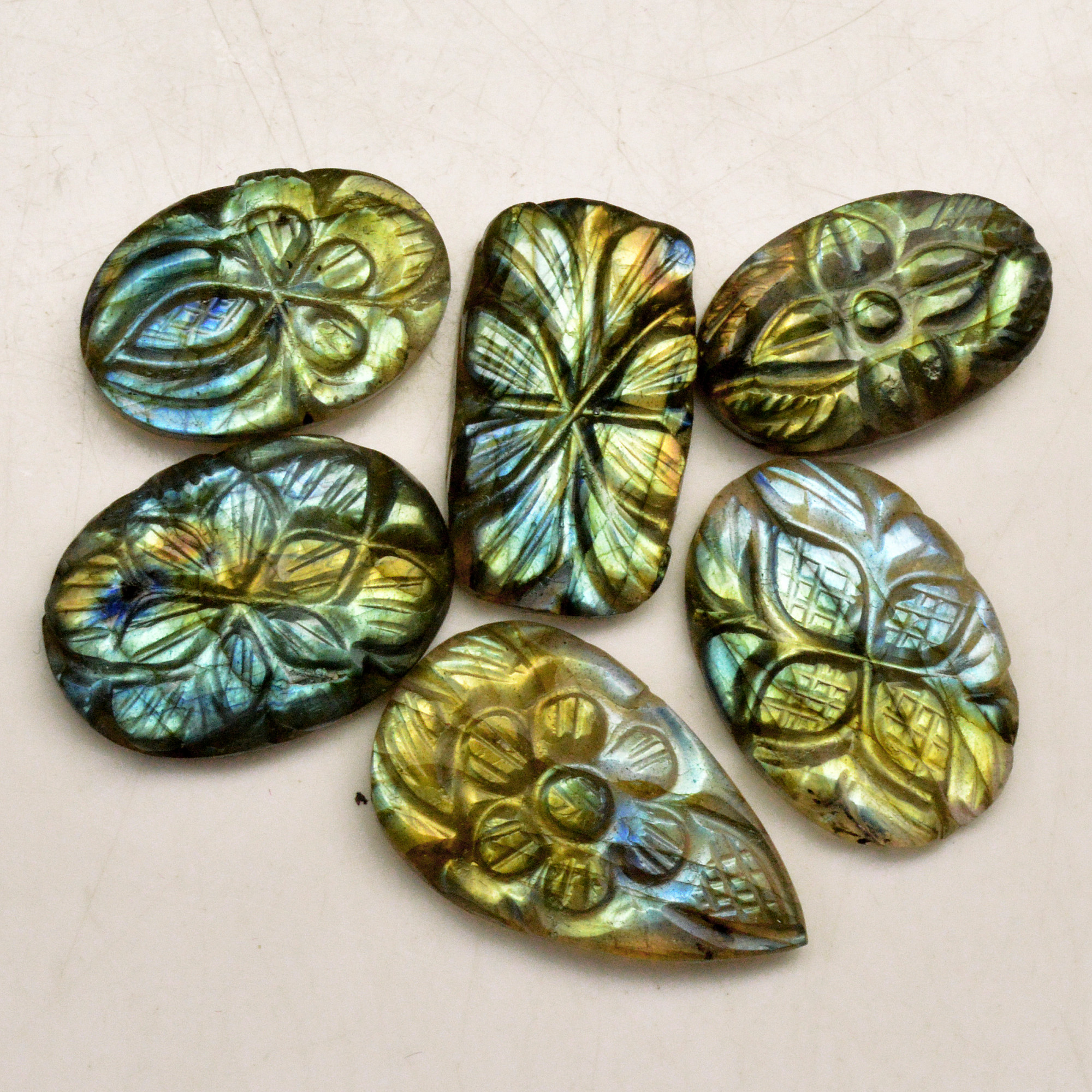 6 Pcs 85 Cts Natural Labradorite Carved Cabochon Blue Flashy Labradorite Carving Gemstone Mix Shape Loose Gemstone Flat Back Labradorite 25x14 20x10mm 13648