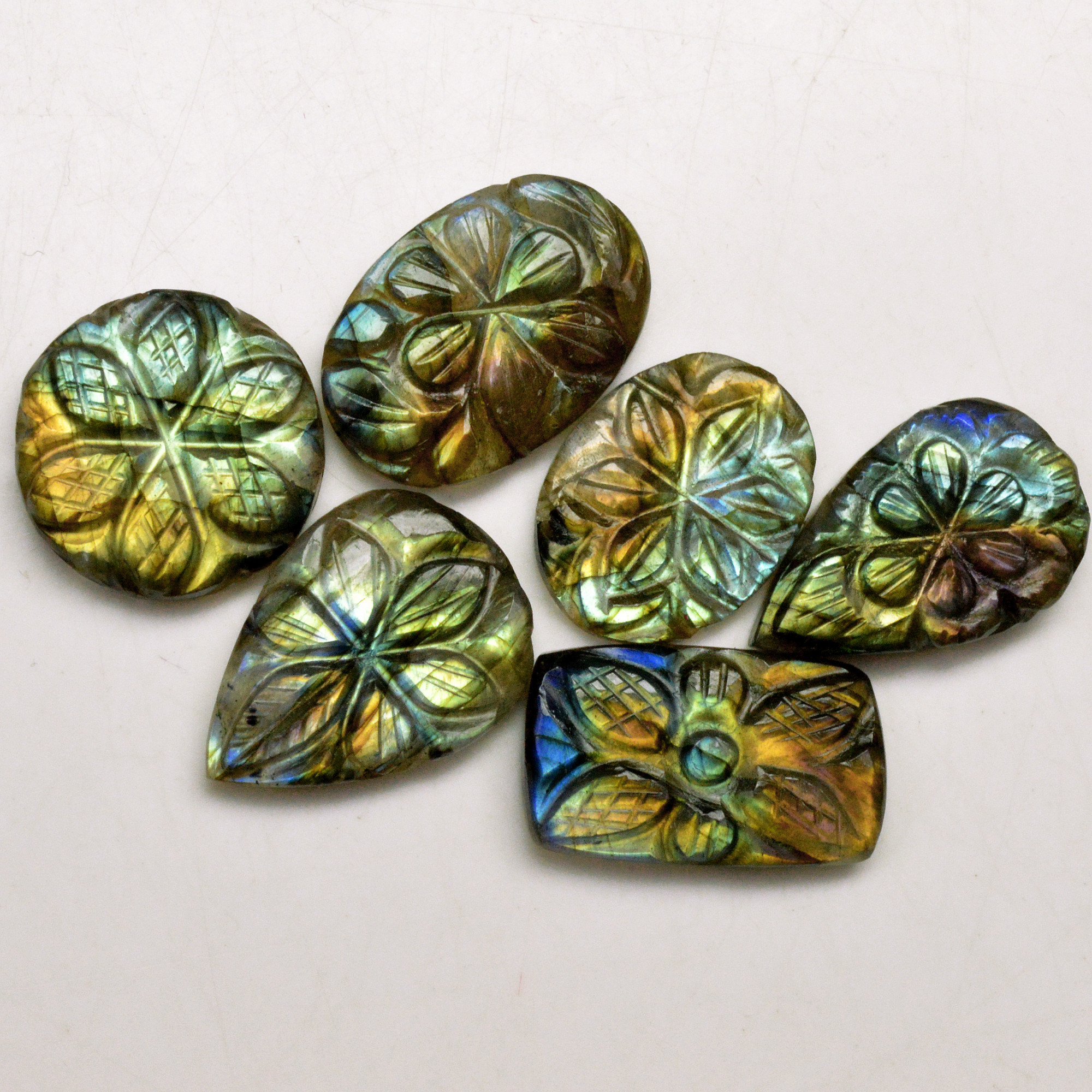 6 Pcs 84 Cts Natural Labradorite Carved Cabochon Blue Flashy Labradorite Carving Gemstone Mix Shape Loose Gemstone Flat Back Labradorite 22x14 20x20mm 13649