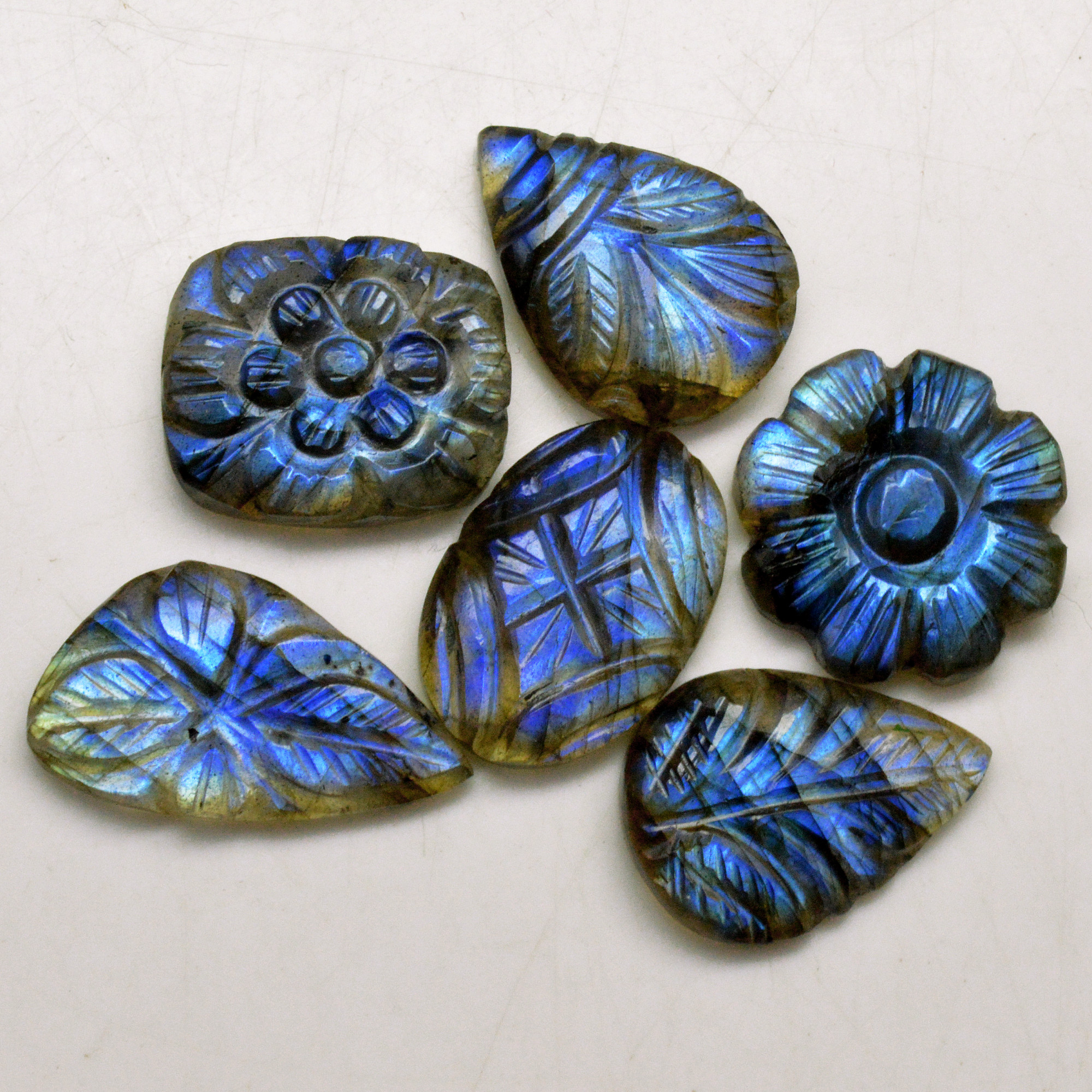 6 Pcs 56 Cts Natural Labradorite Carved Cabochon Blue Flashy Labradorite Carving Gemstone Mix Shape Loose Gemstone Flat Back Labradorite 20x10 20x12mm 13656