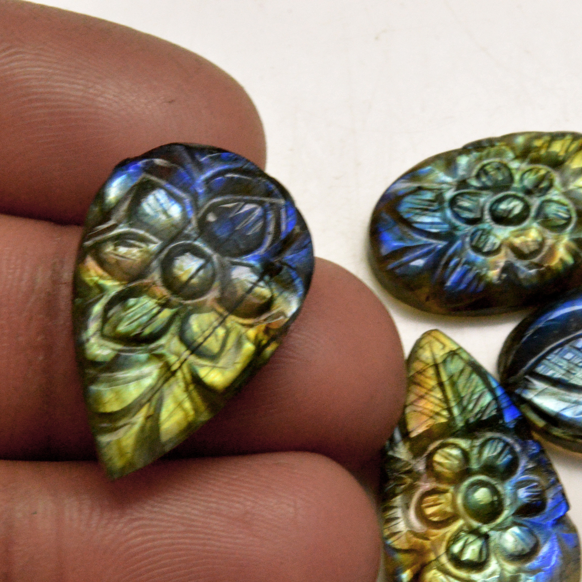 4 Pcs 60 Cts Natural Labradorite Carved Cabochon Blue Flashy Labradorite Carving Gemstone Mix Shape Loose Gemstone Flat Back Labradorite 26x12 20x12mm 13657