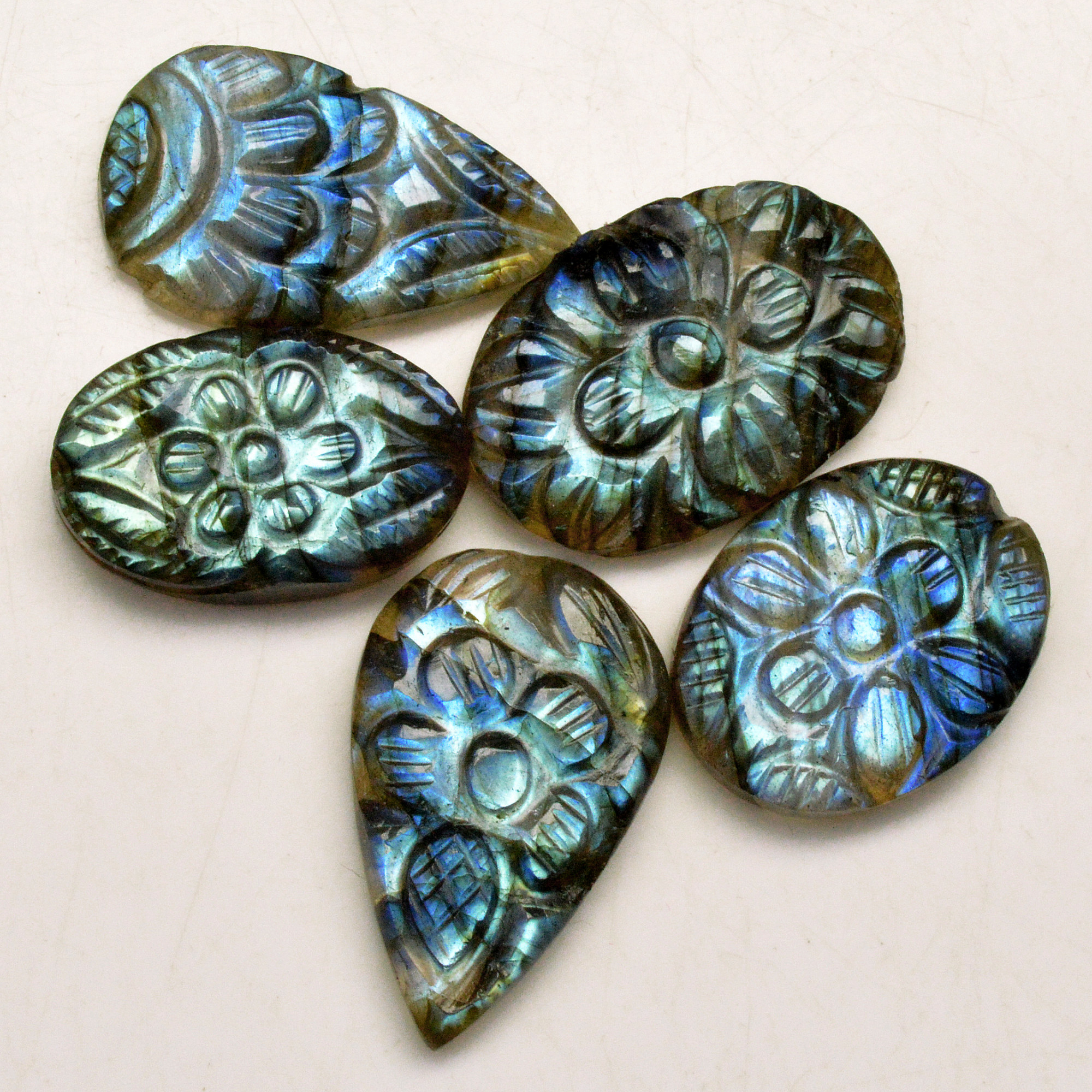 5 Pcs 75 Cts Natural Labradorite Carved Cabochon Blue Flashy Labradorite Carving Gemstone Mix Shape Loose Gemstone Flat Back Labradorite 24x14 20x12mm 13660