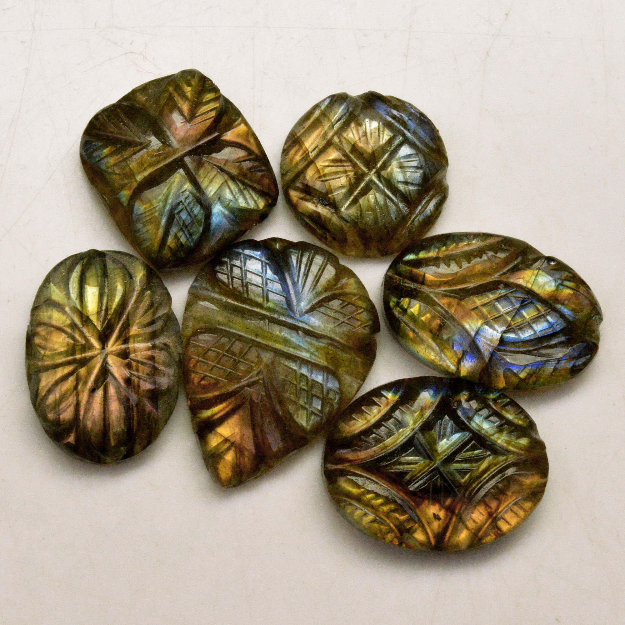 6 Pcs 62 Cts Natural Labradorite Carved Cabochon Blue Flashy Labradorite Carving Gemstone Mix Shape Loose Gemstone Flat Back Labradorite 21x15 14x12mm 13664