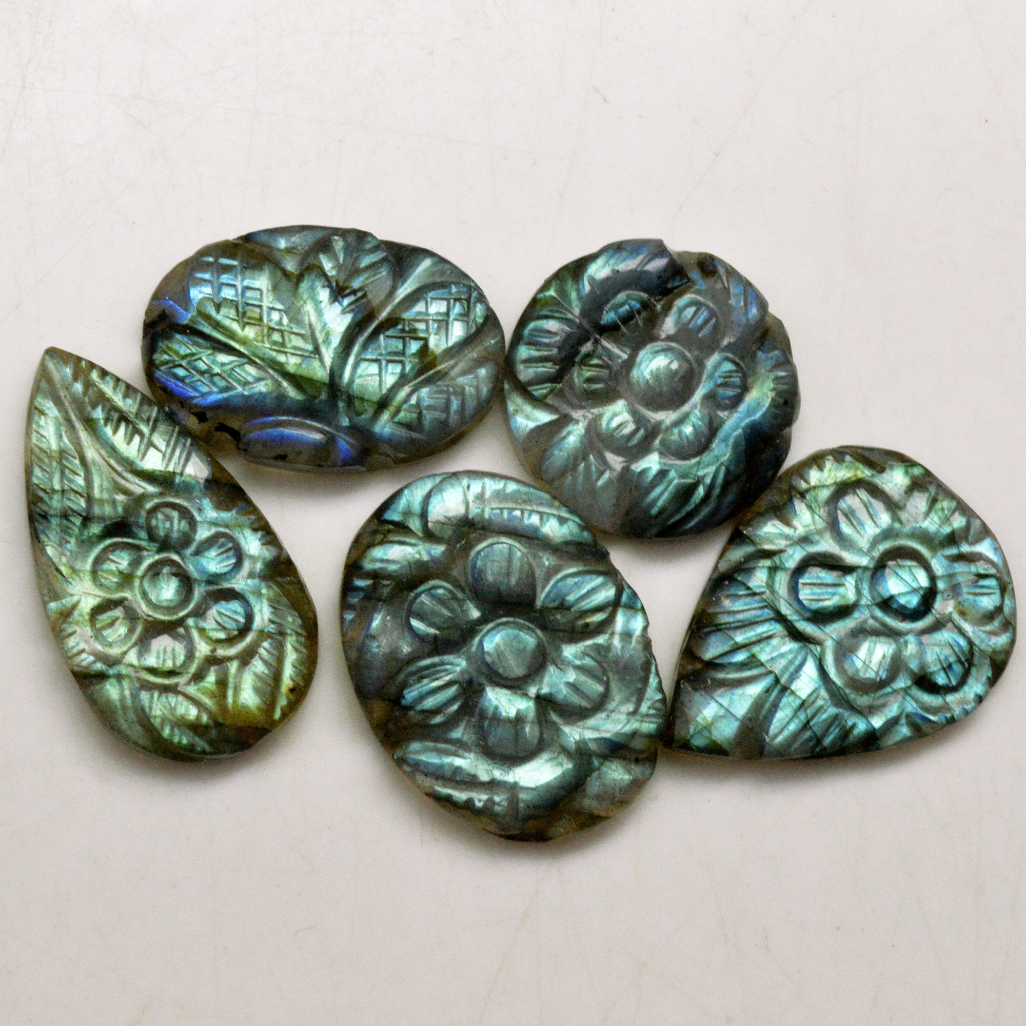 5 Pcs 65 Cts Natural Labradorite Carved Cabochon Blue Flashy Labradorite Carving Gemstone Mix Shape Loose Gemstone Flat Back Labradorite 24x13 17x17mm 13667