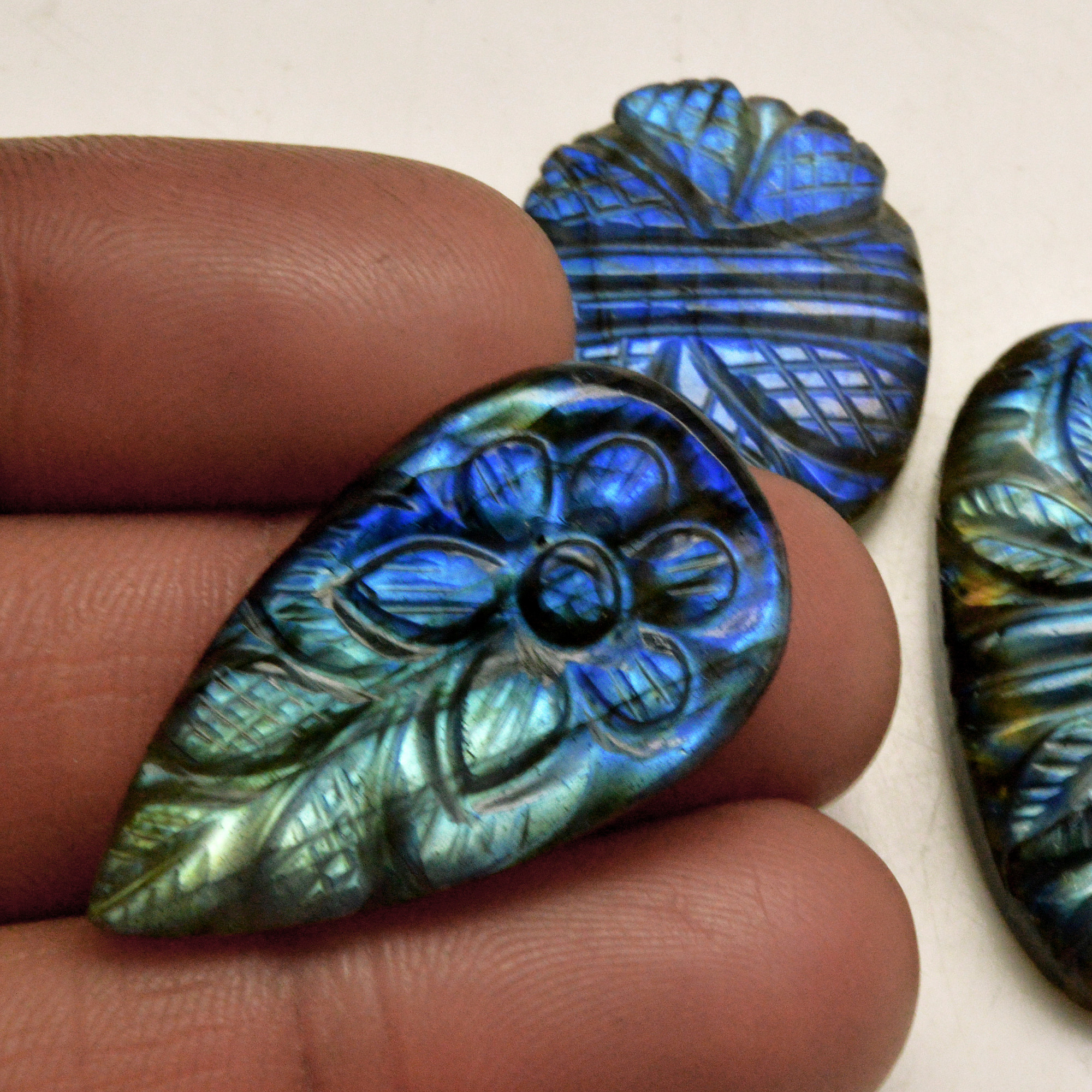 3 Pcs 93 Cts Natural Labradorite Carved Cabochon Blue Flashy Labradorite Carving Gemstone Mix Shape Loose Gemstone Flat Back Labradorite 34x18 24x20mm 13670