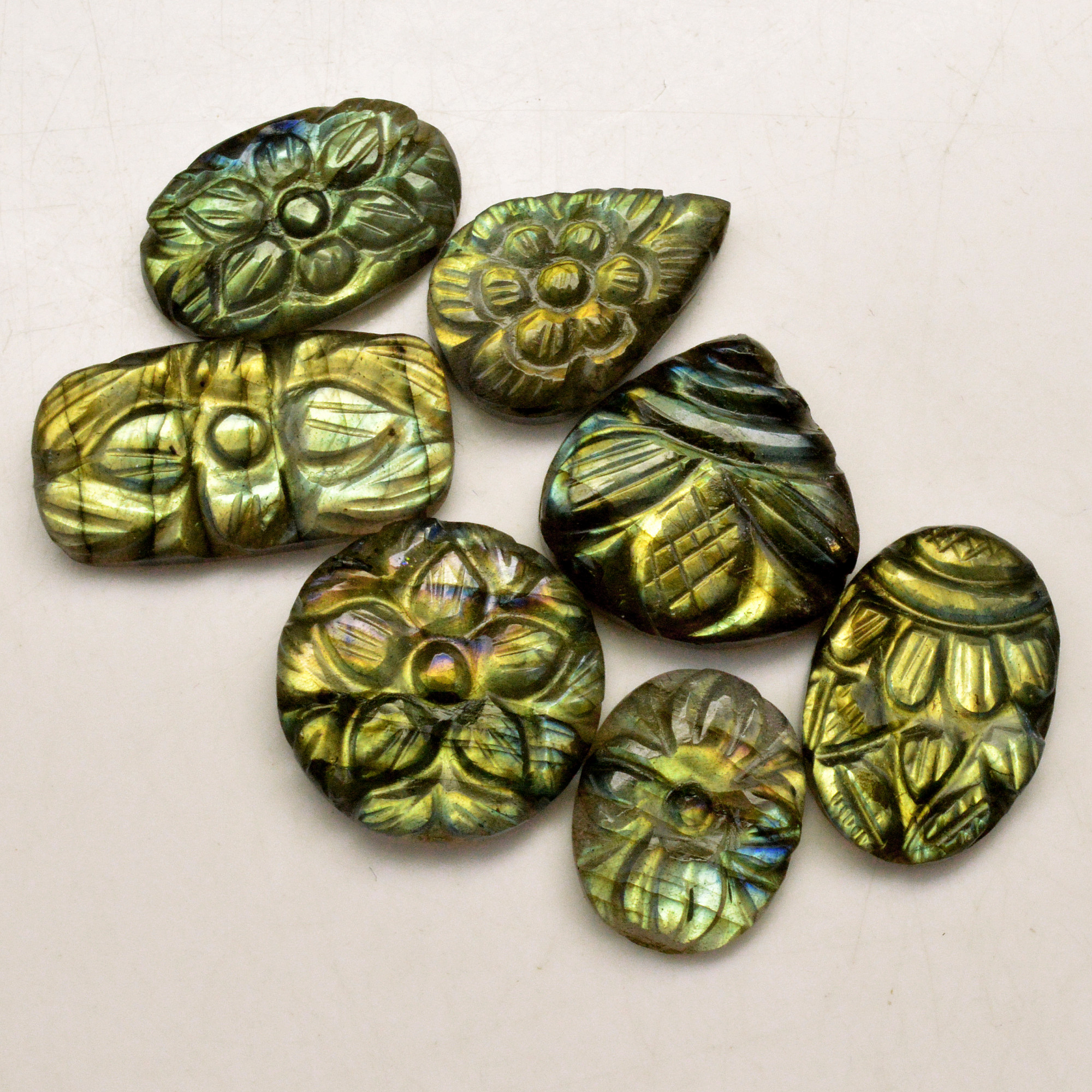 7 Pcs 94 Cts Natural Labradorite Carved Cabochon Blue Flashy Labradorite Carving Gemstone Mix Shape Loose Gemstone Flat Back Labradorite 11x12 13x12mm 13671