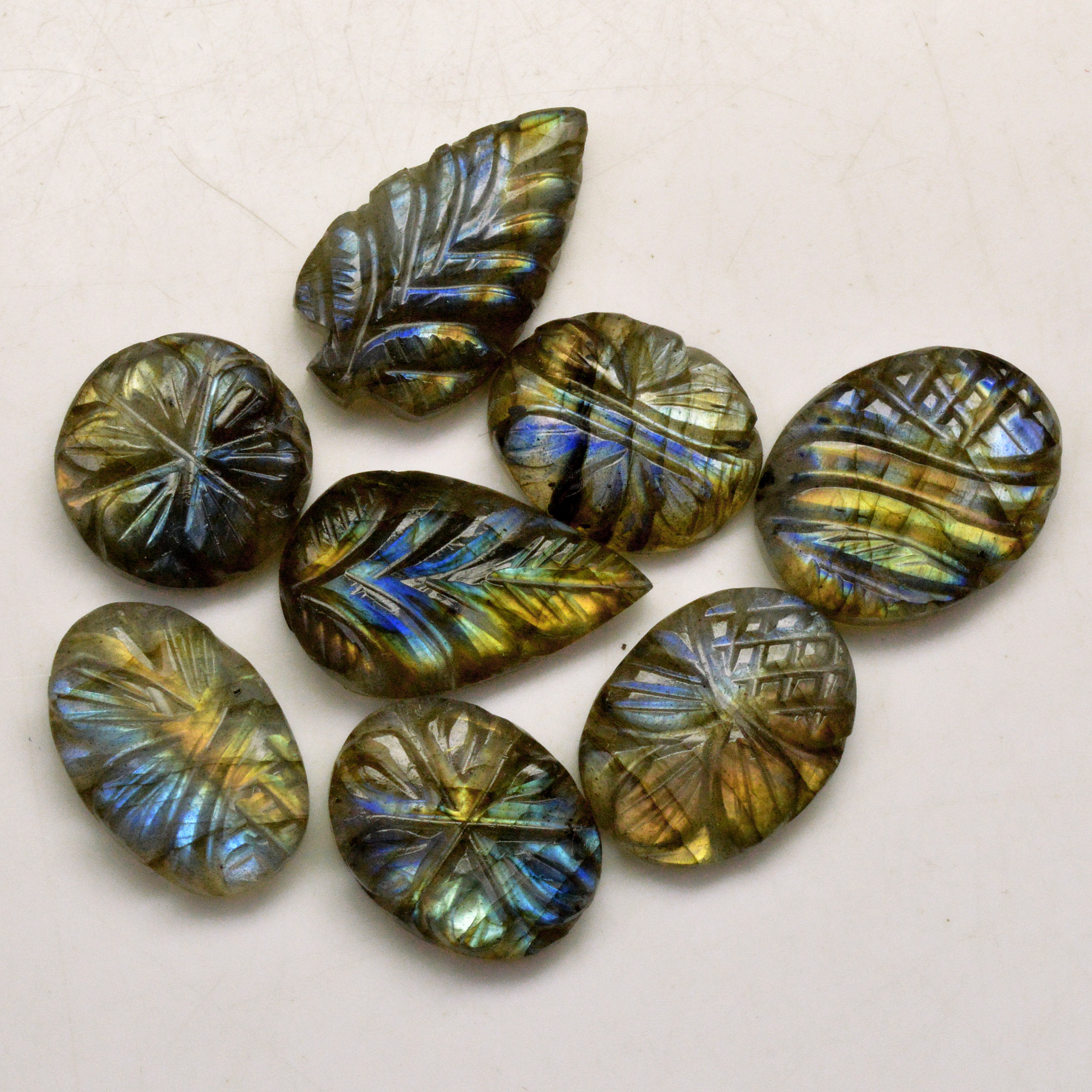 8 Pcs 75 Cts Natural Labradorite Carved Cabochon Blue Flashy Labradorite Carving Gemstone Mix Shape Loose Gemstone Flat Back Labradorite 21x10 11x11mm 13672