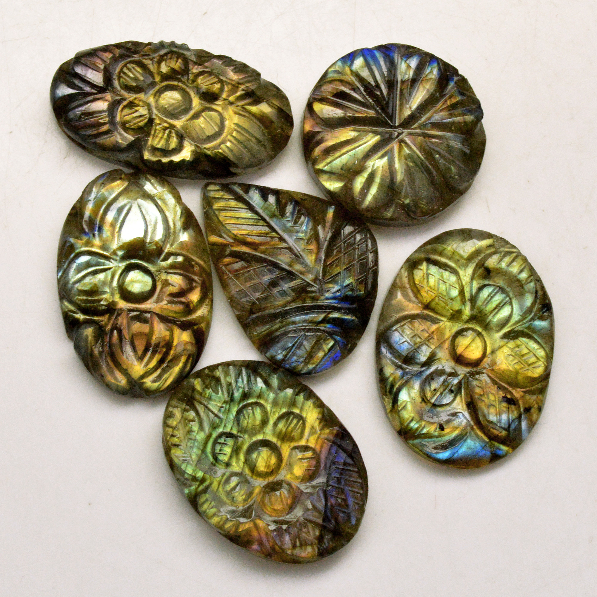 6 Pcs 89 Cts Natural Labradorite Carved Cabochon Blue Flashy Labradorite Carving Gemstone Mix Shape Loose Gemstone Flat Back Labradorite 23x10 18x18mm 13675