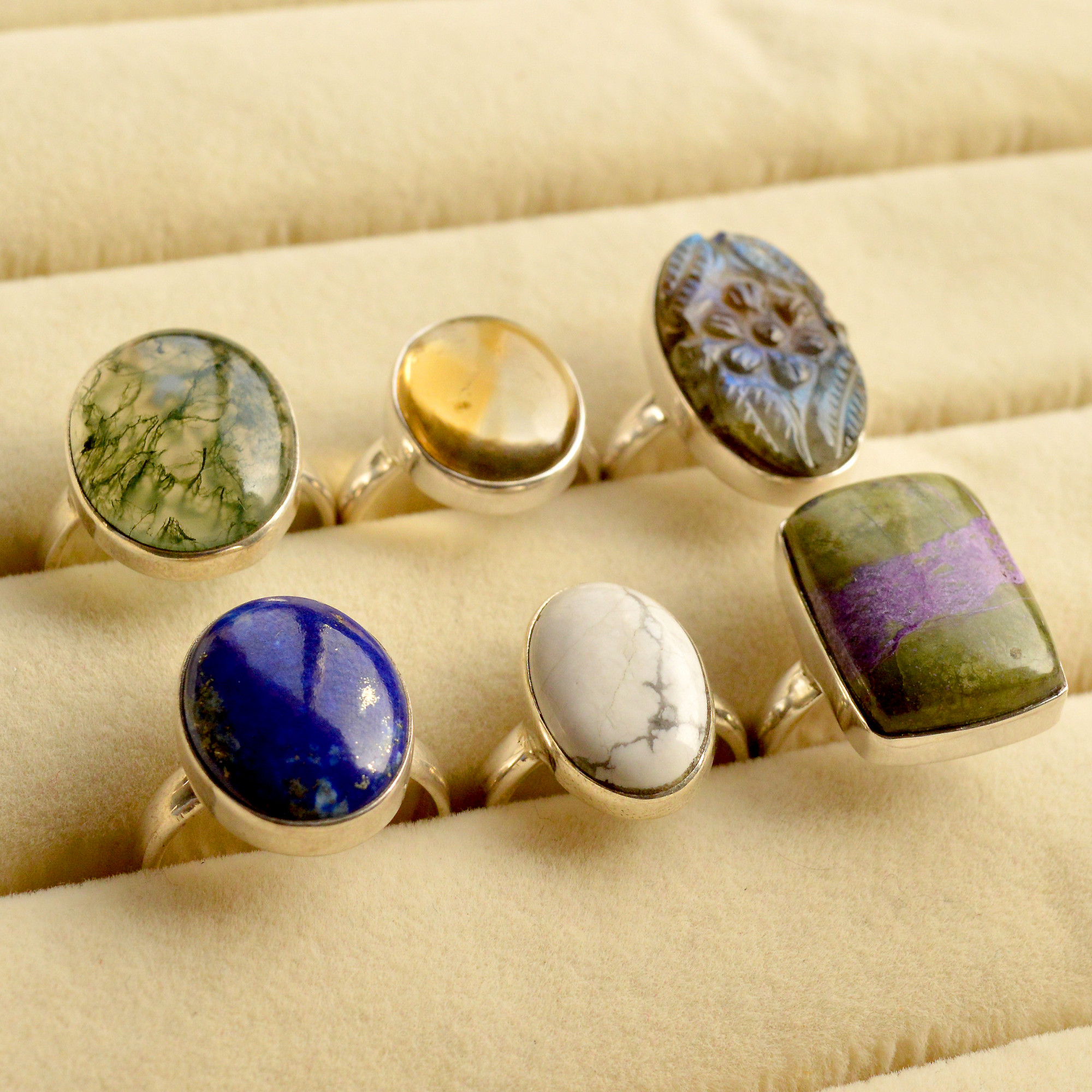 6Pcs 162Cts Natural Mix Gemstone Rings Lot 925 Silver Jewelry Mix Shape 13738