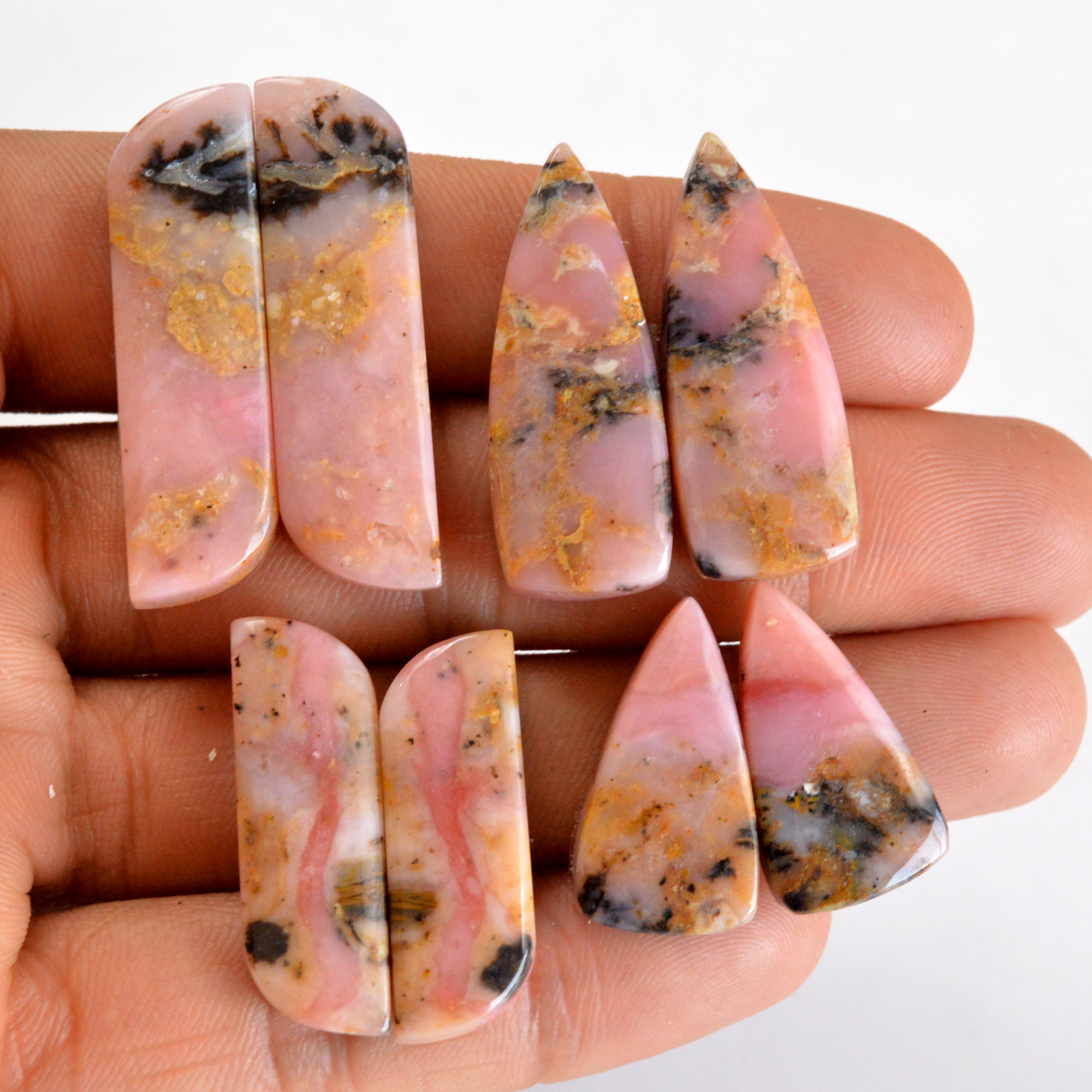 4 Pair 124 Cts Natural Smooth Pink Opal Pairs Mix Loose Gemstone Cabochon Wholesale Lot Size 23x12-36x10mm 14214