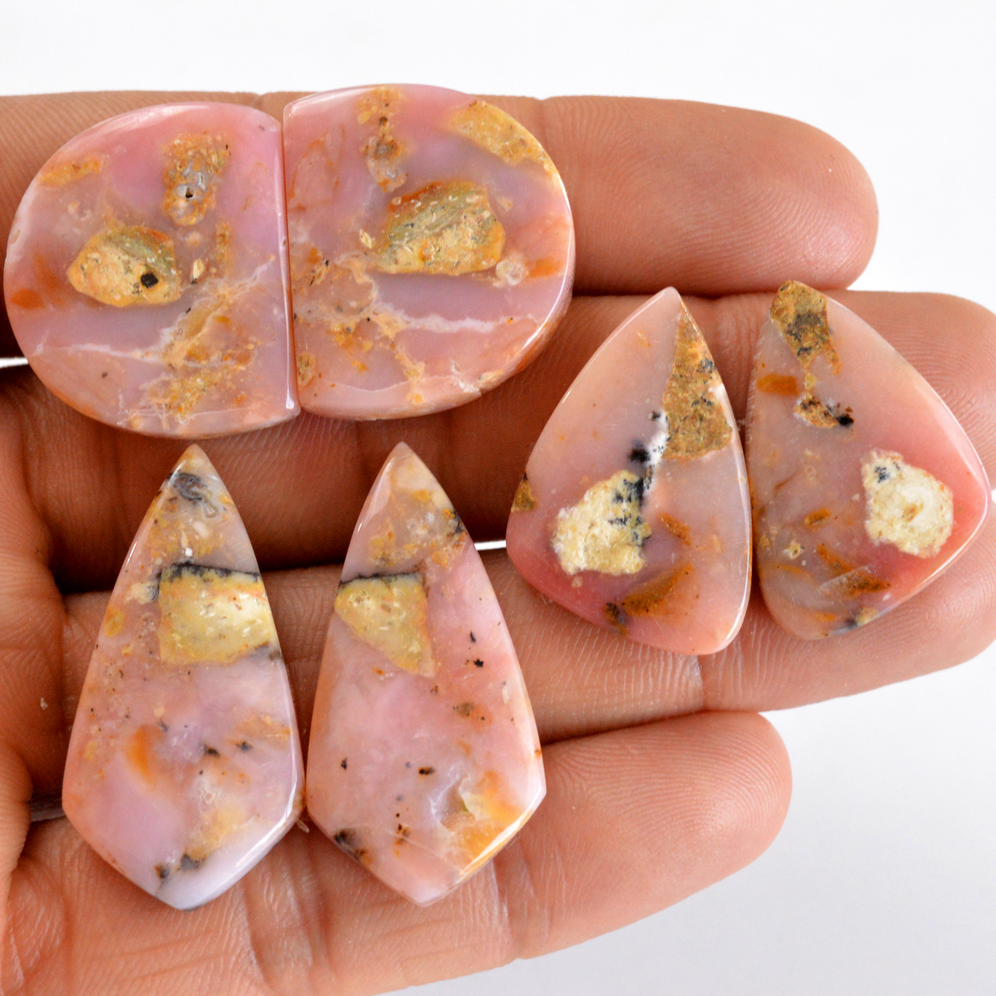 3 Pair 131 Cts Natural Smooth Pink Opal Pairs Mix Loose Gemstone Cabochon Wholesale Lot Size 27x17-35x17mm14231