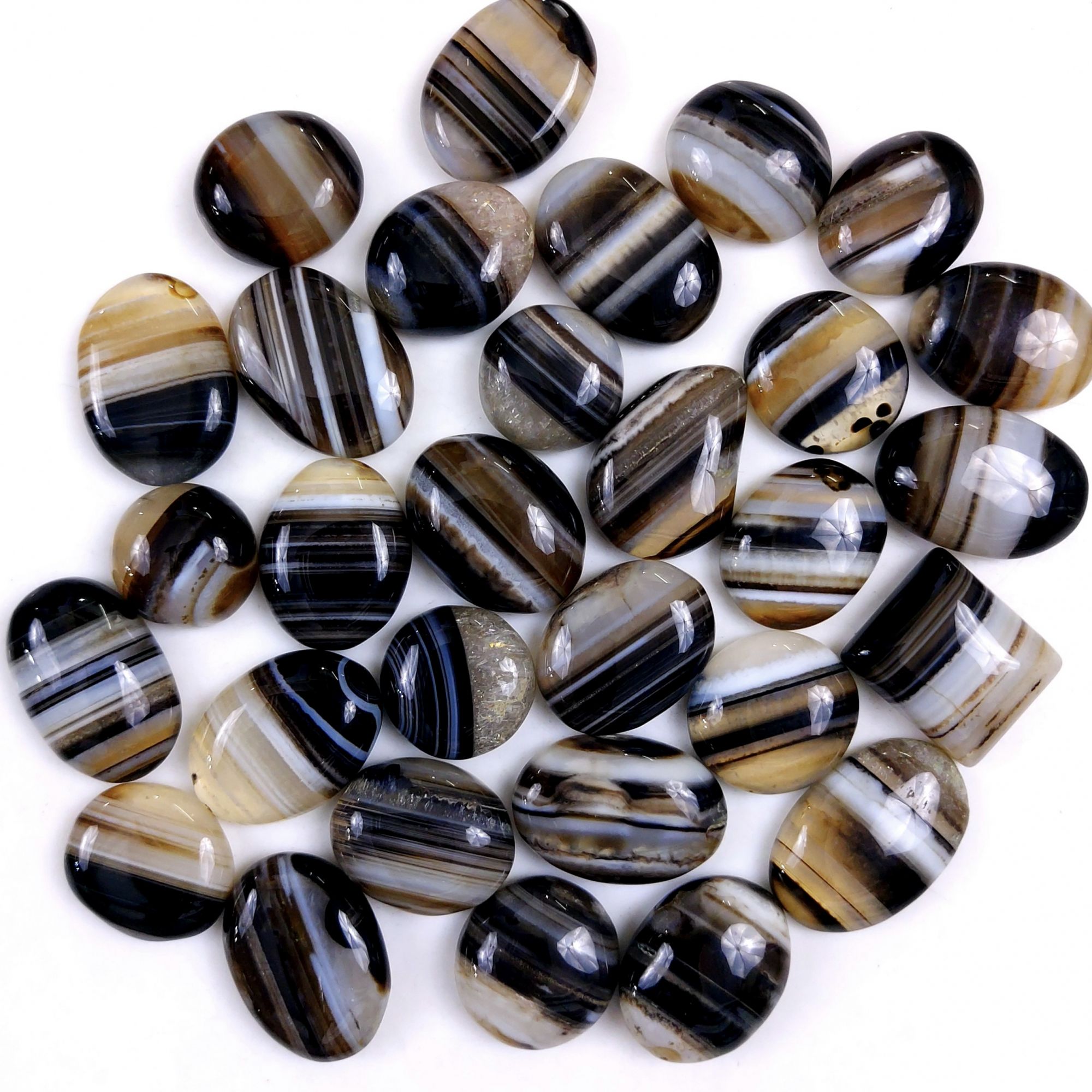 30Pcs 584Cts Natural Black Onyx Banded Agate Loose Cabochon Back Side Flat Gemstone Lot 17x15 15x15mmG-2028