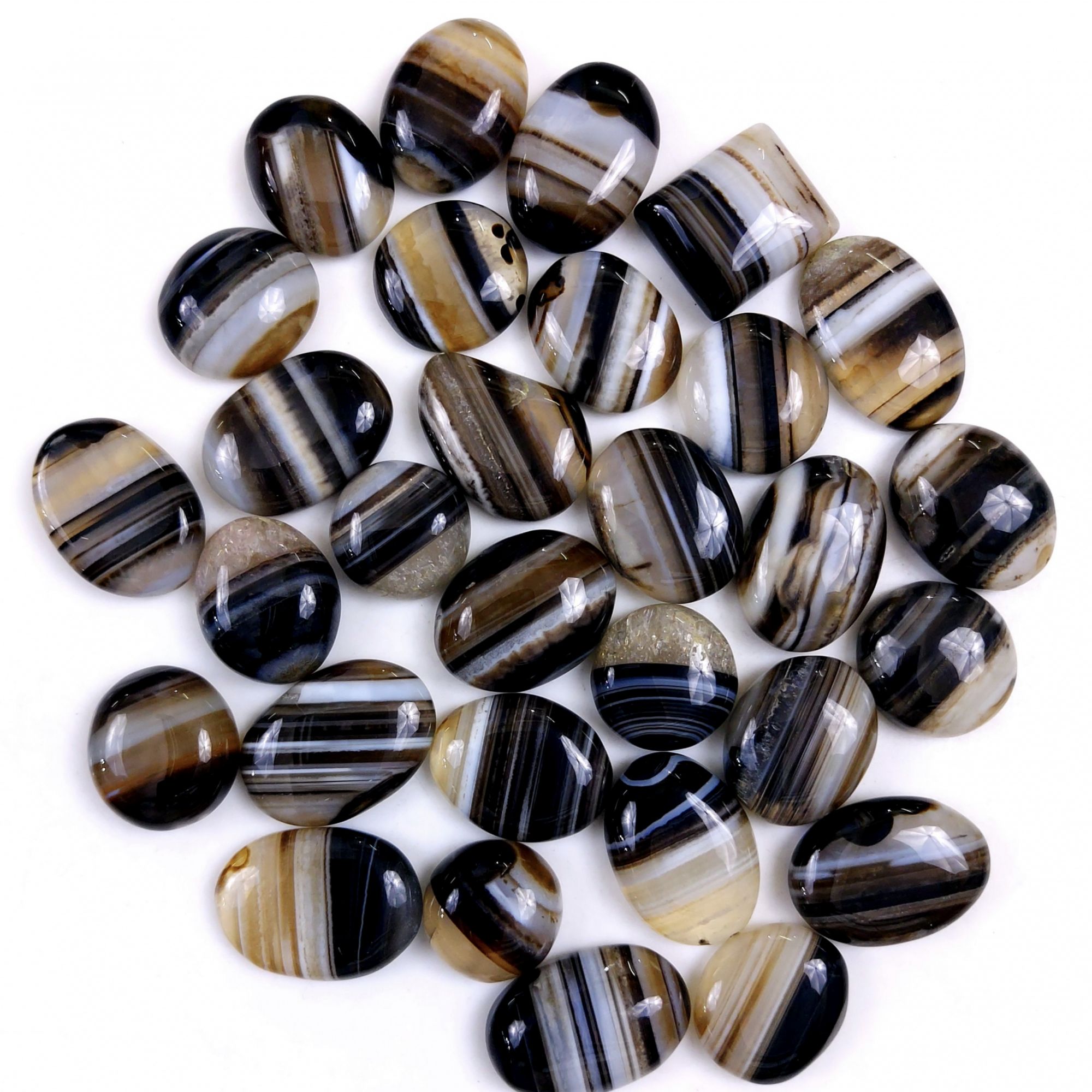 30Pcs 584Cts Natural Black Onyx Banded Agate Loose Cabochon Back Side Flat Gemstone Lot 17x15 15x15mmG-2028