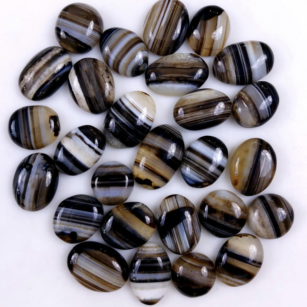 27Pcs 409Cts Natural Black Onyx Banded Agate Loose Cabochon Back Side Flat Gemstone Lot 20x12 12x12mm#G-2033