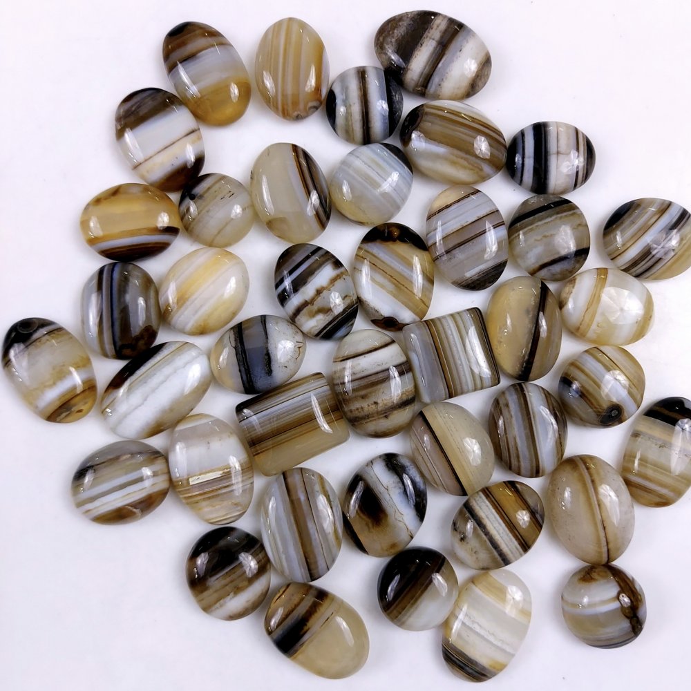 41Pcs 637Cts Natural Black Onyx Banded Agate Loose Cabochon Back Side Flat Gemstone Lot 16x13 12x12mm#G-2042