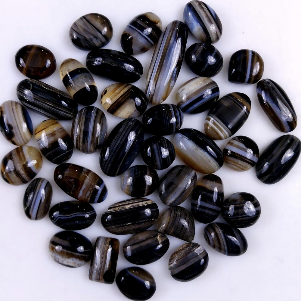 39Pcs 353Cts Natural Black Onyx Banded Agate Loose Cabochon Back Side Flat Gemstone Lot 27x7 8x8mm#G-2043