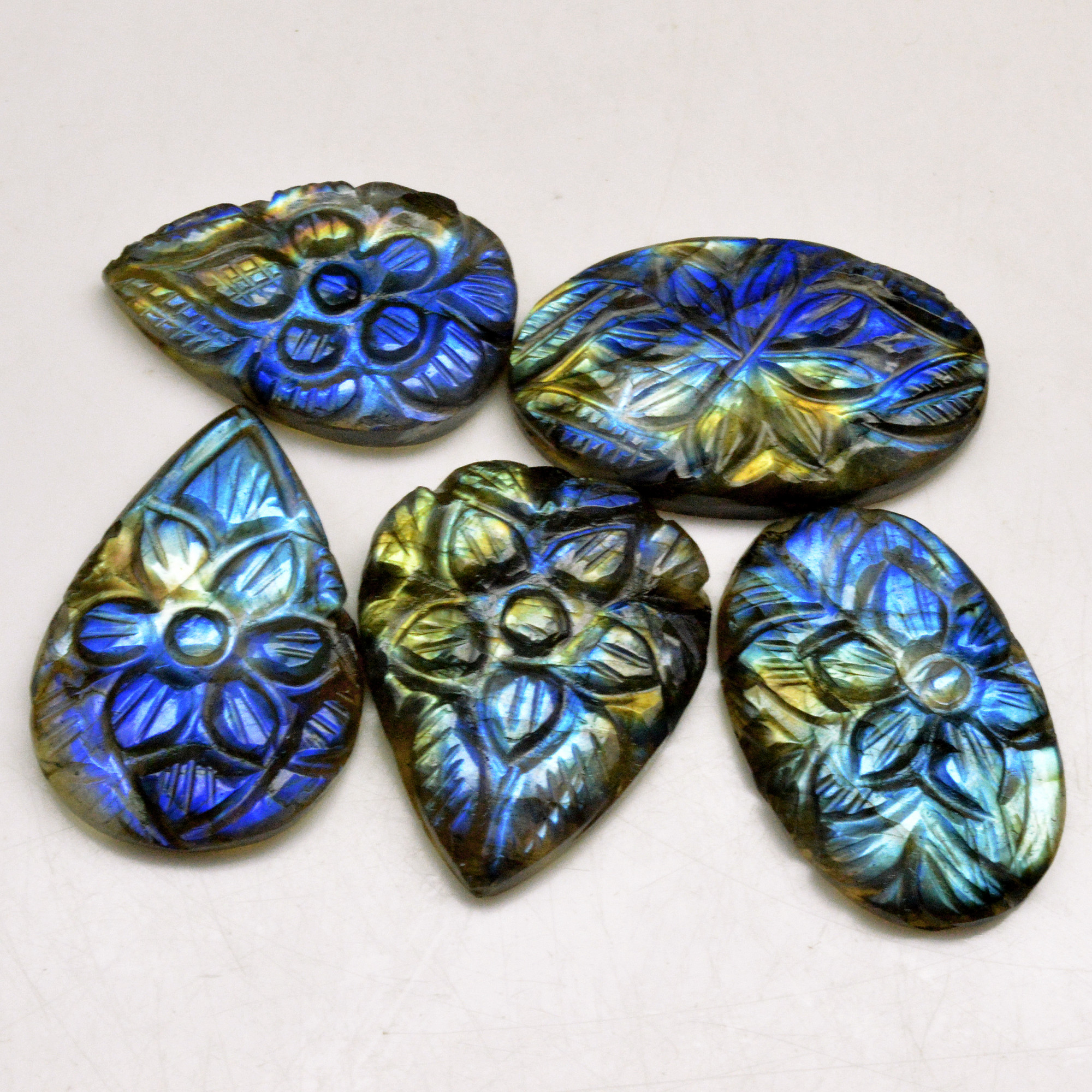 5 Pcs 102 Cts Natural Labradorite Carved Cabochon Blue Flashy Labradorite Carving Gemstone Mix Shape Loose Gemstone Flat Back Labradorite 30x19 25x14mm 13599